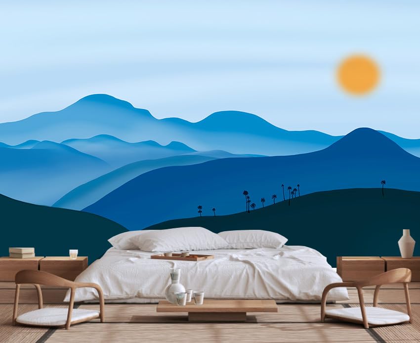 Wmjurel Hand-Painted Mountains and Sun Nature Landscape Mural, Large Art Background Wallpaper for Bedroom, Living Room, Bath Room(Non-self-Adhesive)