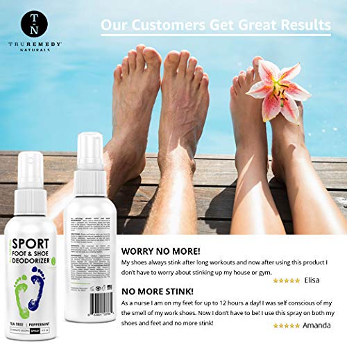 Natural Shoe Deodorizer Spray, Foot Deodorant Spray, Foot Odor Eliminator for All Shoes - Fights Athletes Foot & Stinky Feet - Tea Tree Oil, Peppermint, Spray Better Than Powder, Sneaker Balls - 4 Oz