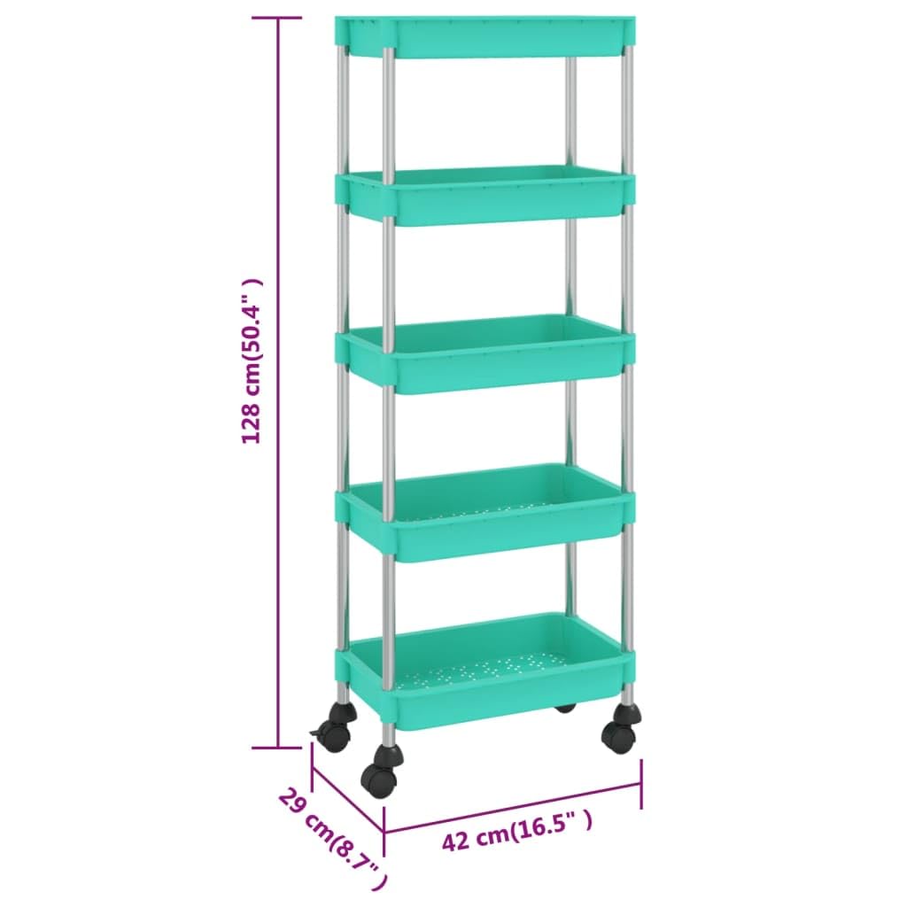 Küchenwagen 5 Etagen Türkis 42x29x128 cm Eisen ABS Allzweckwagen Organizer mit 4 Rollen und herausnehmbaren Körben für Küche Bad Büro Haushalt