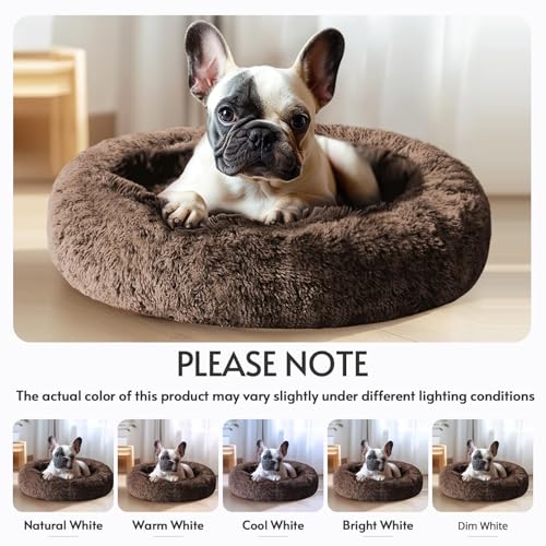Image of JOLLYVOGUE Calming Dog Bed Medium Size Dog, Anti-Anxiety Donut Medium Pet Bed, 27 inches Fluffy Faux Fur Round Cat Bed (Coffee)