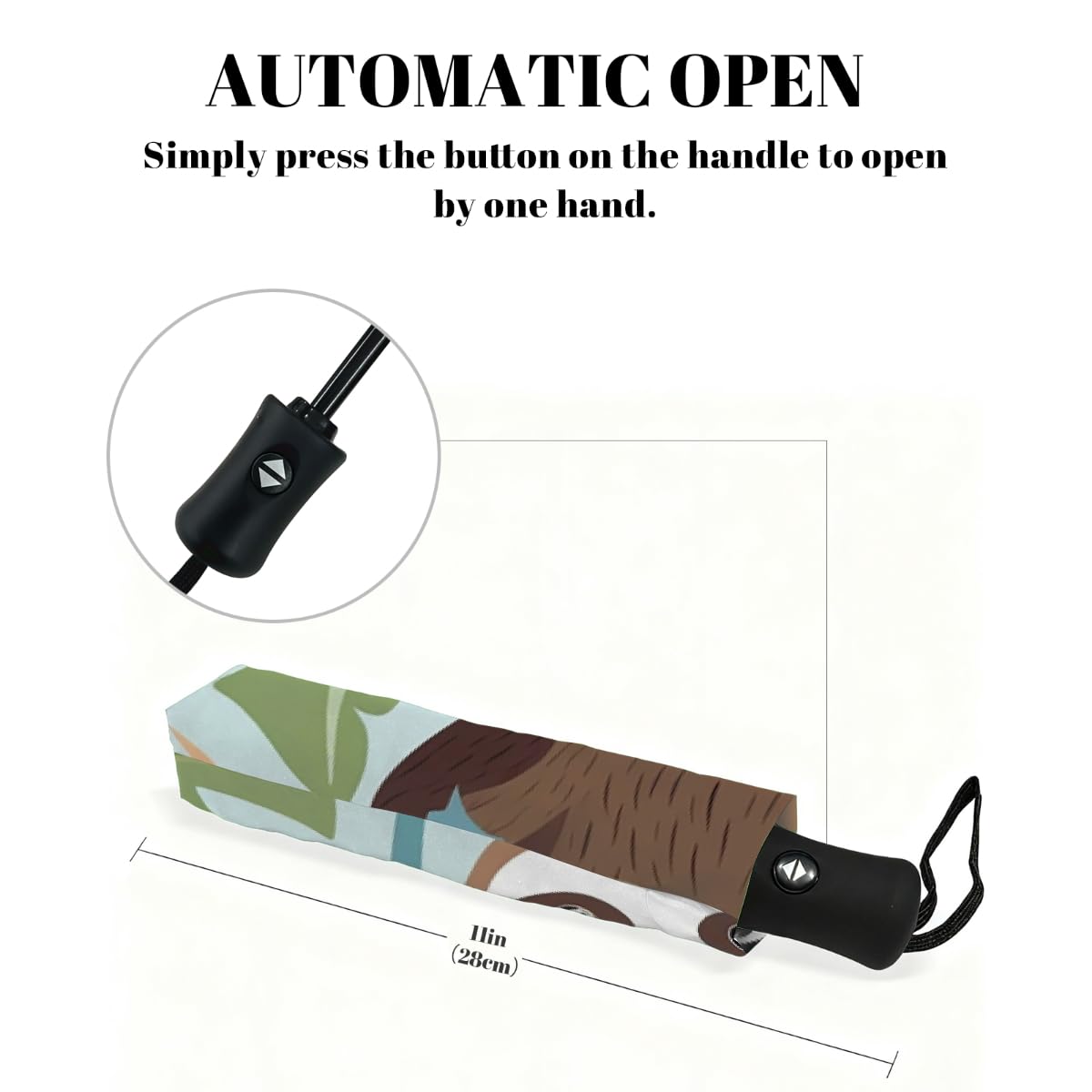 Simpatico ombrello pieghevole con bradipo tropicale foglie di palma ombrello da viaggio compatto antivento impermeabile con protezione UV rivestimento nero leggero 8 coste portatile per