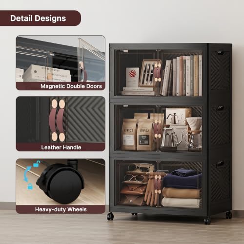 Image of Stackable Storage Bins with Lids, 330QT Lockable Storage Cabinet | Closet Organizers, Foldable Storage Box with Doors and Wheels, Plastic Drawers for Home, Garage, Office (3, Black, Plus)