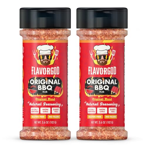 Image of Flavor God 2 Bottles Original BBQ Rub Mix, Natural Healthy Spice Blend For Grilling Chicken, Wings, Beef, Pork, Bacon, Eggs, Seafood, Vegetables, Salad, Tacos, Kosher, Gluten & Dairy Free Steak