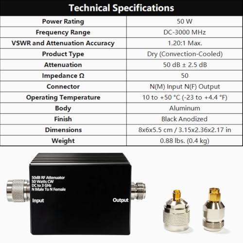 Image of AURSINC 50W RF Attenuator DC-3GHz N-M /F 50dB Attenuation with SMA Adapters