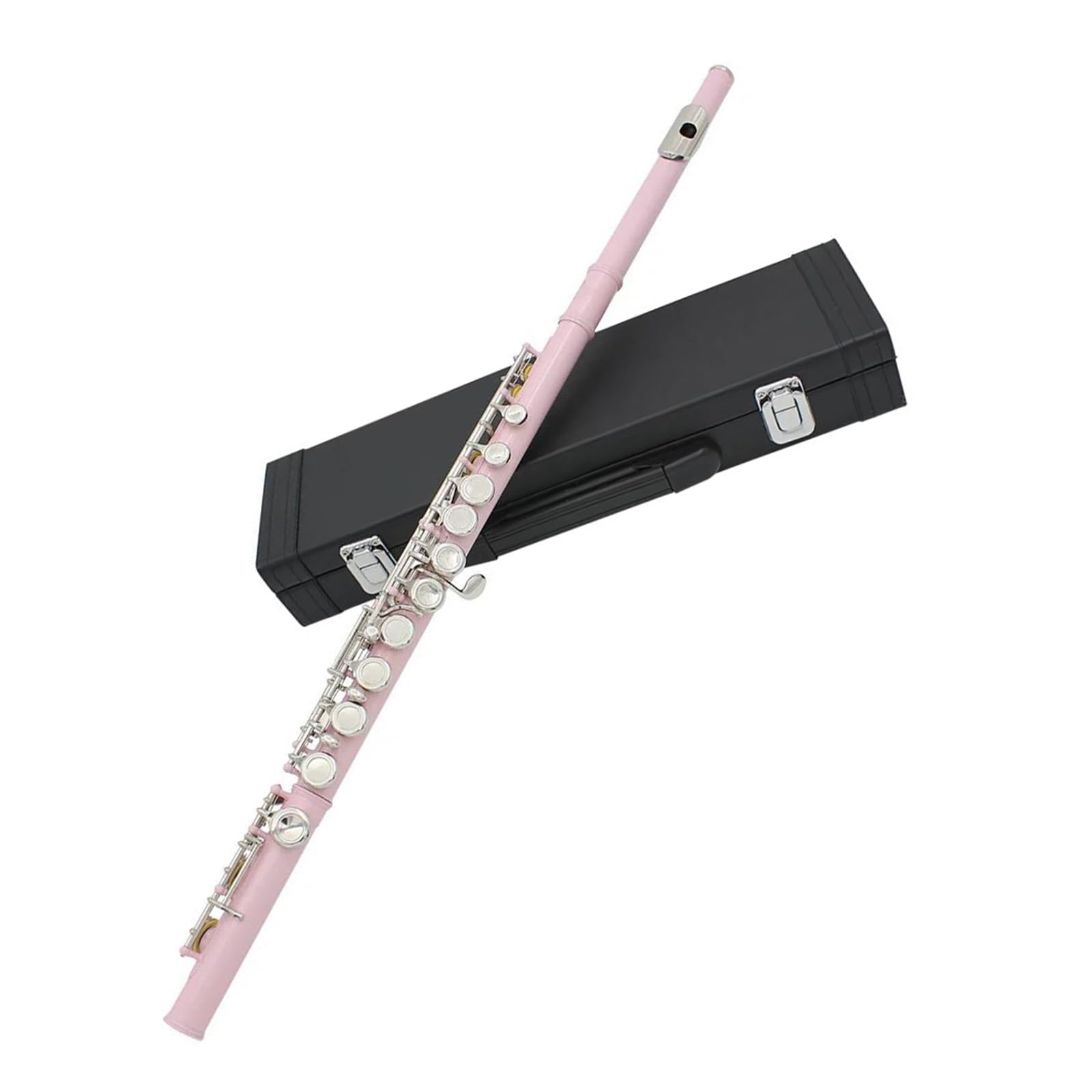 flet prosty Profesjonalny flet 16 otworów zamknięty otwarty flet C z klawiszem posrebrzany flet z pudełkiem ściereczka do wycierania rękawice w sztyfcie (Color : Pink)