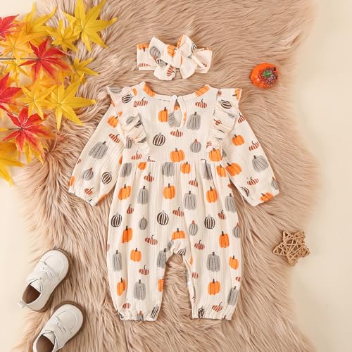 Newborn Baby Girl Halloween Outfits Long Puff Sleeve Cotton Linen Romper Pumpkin Jumpsuit Fall Thanksgiving Clothes3