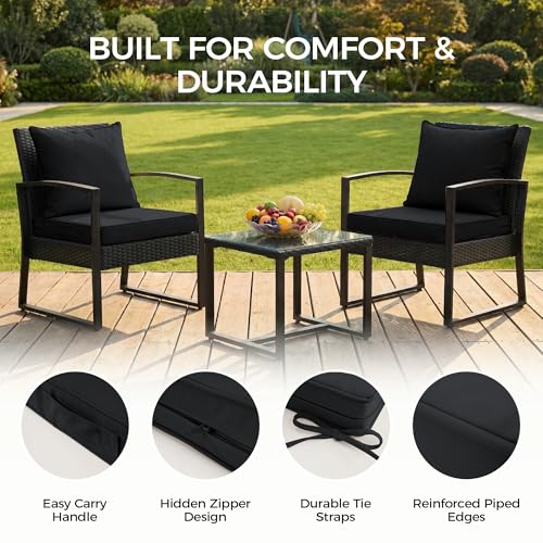 Image of UNIKOME 22 inchx22 inchx3 inch Outdoor Chair Cushions Set - Waterproof Patio Cushions for Outdoor Furniture with Removable Cover, Ties & Handle, Deep Seat Patio Cushions for Sofa Couch - Black
