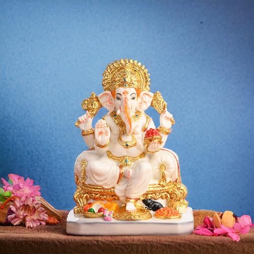 Image of Creating Ambiance Polyresin Marble Ganesh Idol, Vinayaka Statue | Auspicious Ganpati Murti for Living Room & Home Decor - Ganesh Idol for Diwali - Gold & White (7.5 Inches 01)