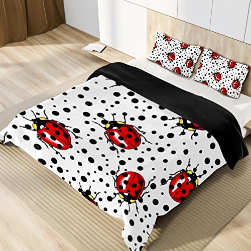 Ladybugs On Black Dotted Duvet Cover Set, Bedding Sets With Zipper Closure,1 Duvet Cover + 2 Pillow Shams, Queen Size, No Comforter #TOP2
