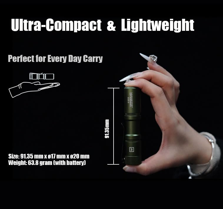 Image of Manker E05 II High Output EDC Flashlight Eeay to Carry, for Camping, Hiking (Black, 1300 Lumens 6500K Cool White)