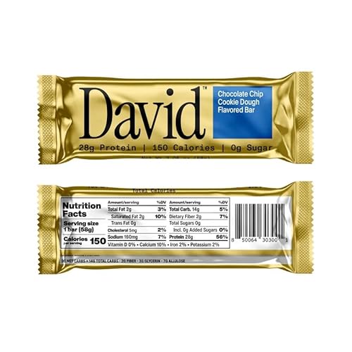 David Protein Bar Protein Chocolate Chip Cookie Dough 2.05 oz (Pack of 12)