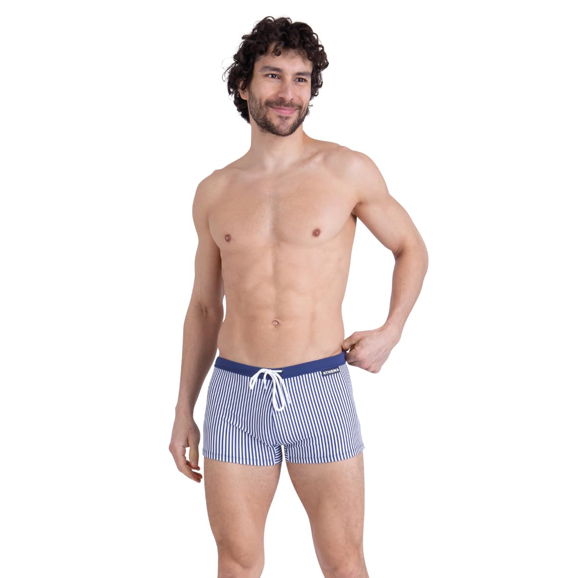Athena – Boxer de Bain Homme – Summer Camp – Motif Rayures All Over – Ceinture Contrastée