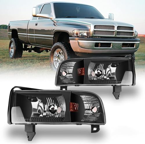 WOLFSTORM Headlights for 1994-2001 Dodge Ram 1500/1994-2002 Dodge Ram 2500/1995-2002 Ram 3500 Models without Sport Package Driver & Passenger Side High Low Beam(Black Housing Clear Lens)
