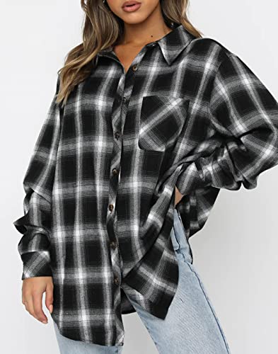 Image of CHYRII Womens Button Down Flannel Shirts Long Sleeve Plaid Shackets Business Casual Blouse Top