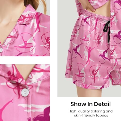 Image of Funny Pajamas for Women Set Print Satin Loungewear Pjs Short Sleeve Button Down Top and Shorts Sets Sleepwear XS-3XL