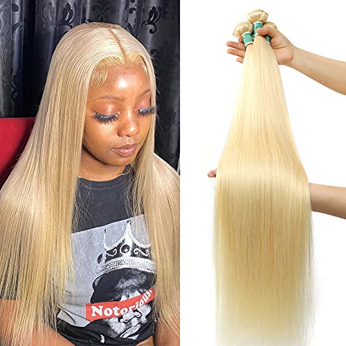 Brazilian 613 Human Hair Straight 3 Bundles Blonde Human Hair Bundles Double Strong Weft 613 Straight Human Hair Weave 3 Bundles 100% Unprocessed Virgin Remy 613 Straight Human Hair Extensions
