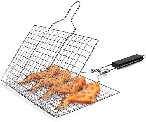 JINKAKA Fish Grilling Basket, Folding Portable Stainless Steel BBQ Grill Basket for Fish Vegetables Shrimp with Removable Handle, Come with Basting Brush and Storage Bag