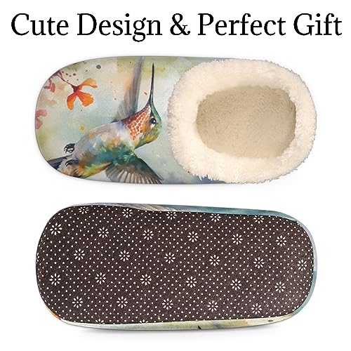 Watercolor Hummingbird Slippers for Women Men, Spring Flower House Slippers Socks Warm Fuzzy Memory Foam Indoor Slippers Lightweight Cozy Anti-Skid Closed Back Home Shoes, Medium3