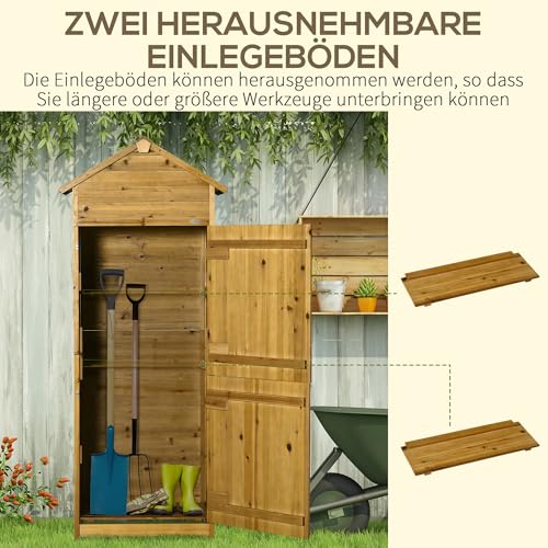 Outsunny Gartenschrank Holz, wetterfest Geräteschrank 79x49x191,5cm, Gerätehaus mit Satteldach, Doppeltür, Böden, Gartenschuppen Geräteschuppen Werkzeugschrank für Terrasse Garten, Naturholz
