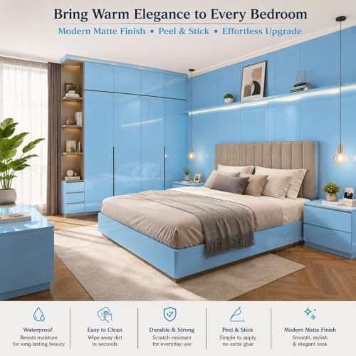 Image of HOME13 Sky Blue Glossy Wallpaper Peel & Stick Wallpaper Self Adhesive Removable Vinyl Wallpaper for Kitchen Cabinet Furniture Waterproof Countertop (12x60 Inch)