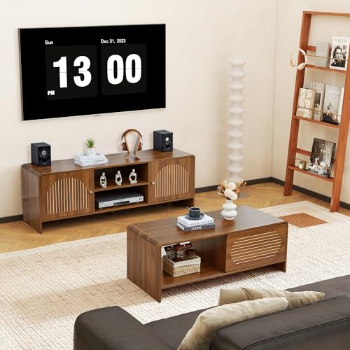 Image of 43.3 inch Mid Century Modern Coffee Table with Storage, Curved Profile Wood Coffee Table with Sliding Arched Door, Farmhouse Center Table Rectangle Coffee Table for Living Room, Office, Walnut