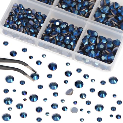 Image of Bymitel Hotfix Crystal Rhinestones Round Gems for Crafts,Mixed 6 Sizes with Wax Pencil Kit, Mine Blue 1.6-6.3mm SS4-SS30 /8000pcs