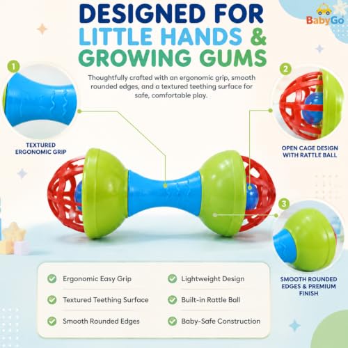 Image of BabyGo Dumbell Rattle for Baby | Non-Toxic Plastic Handheld Infant Bell Rattle | Toy for Kids 6-12 Months | New Born Baby Essential | Multicolor, Pack of 2