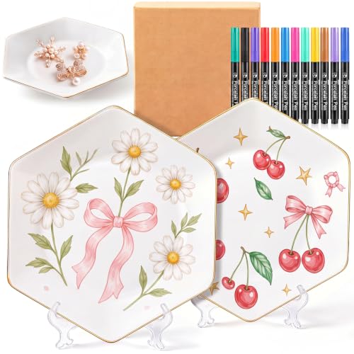 Vesici Paint Your Own Ceramic Plates Kit Includes 5 Inch 2 Porcelain Plates 12 Ceramic Marker Pens 2 Stands and 1 Gift Box for Paint Birthday Gifts Home Decoration DIY Adults (Hexagon Style)