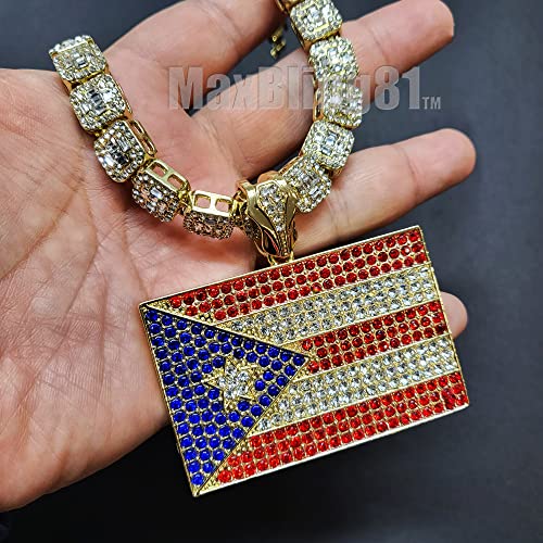 Hip Hop Jewelry Gold Plated Puerto Rico Flag Pendant & 12mm 16" 18" 20" Iced Baguette Choker Chain Hip Hop Jewelry Necklace4