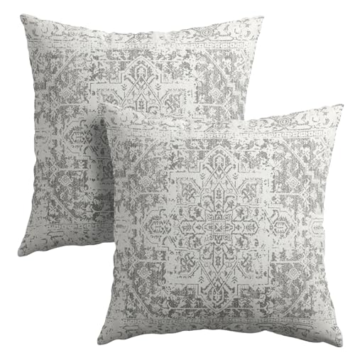 Boho Throw Pillow Covers 20X20 Inches Set of 2 Grey and White Ethnic Design Pillowcase Soft Cotton Linen Square Carpet Pattern Cushion Covers for Home Sofa Patio Bedroom
