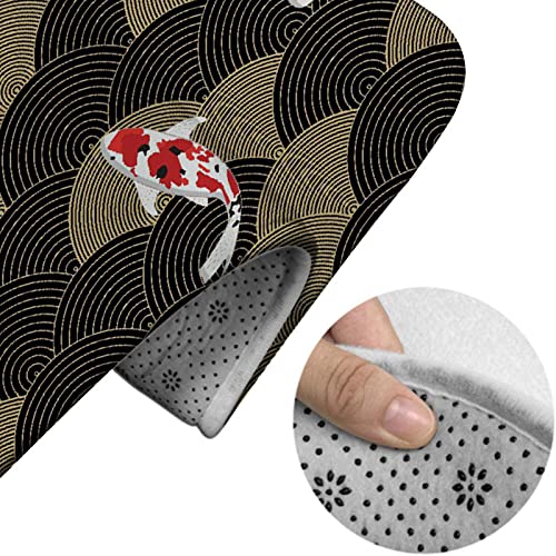 3-teiliges Badezimmerteppich-Set, traditioneller japanischer Fisch auf einem Designmuster-Hintergrund, waschbare Badeteppiche, rutschfest, mit Rückenpolster, Konturteppich und Toilettendeckelbezug – Bild 5