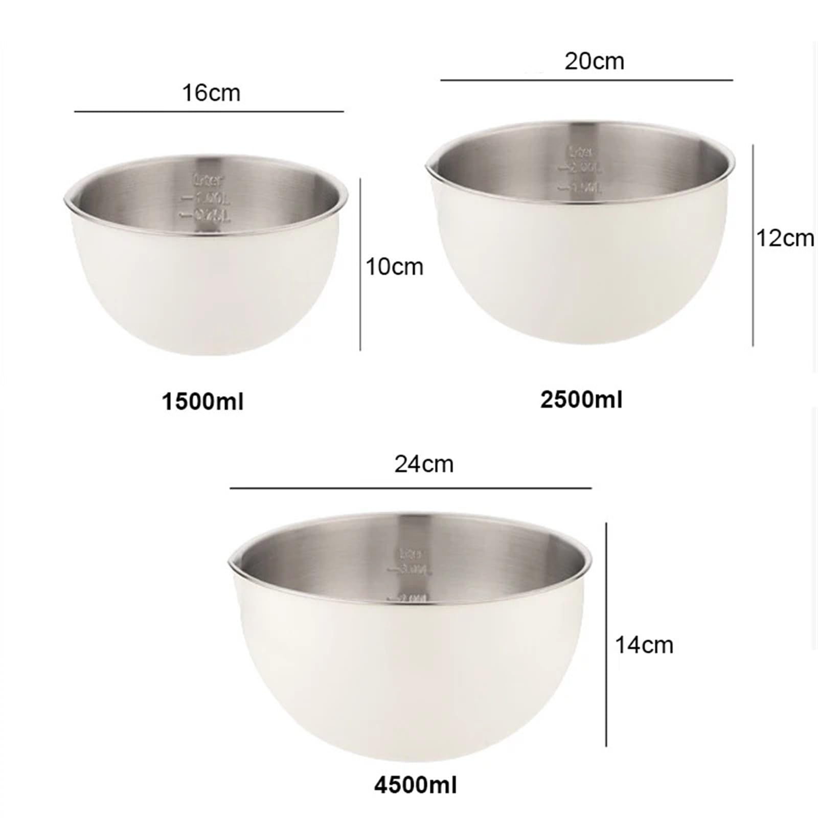 Tazón Para Mezclar Juego de tazones for mezclar acero inoxidable | 1.5 2.5 4.5L Ensalada De Bollería Antideslizante(White 4.5L)