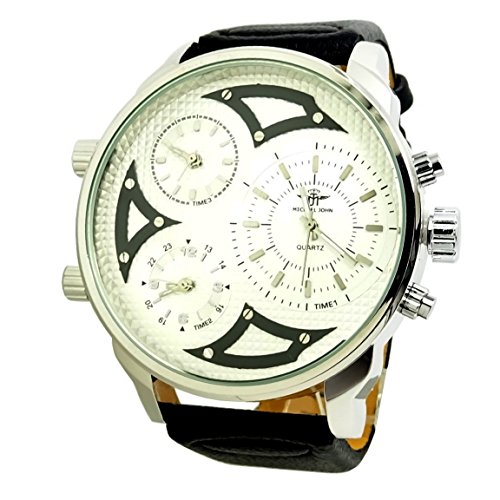 mj Montre Homme Mr Daddy 2.0 Noir Blanc DESEL Cuir Argent 3 FUSEAUX HORAIRE XXL