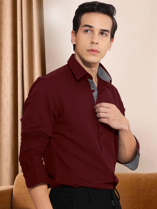 Image of Pinkmint Cotton Men's Shirt l Soild Casual Shirt l Long Sleeve Office Wear Shirt l Spread Collar Regular Fit Shirt Purple
