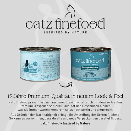 catz finefood N° 13 Hering & Shrimps Feinkost Katzenfutter nass, verfeinert mit Kürbis & Aloe Vera, 6 x 200g Dosen