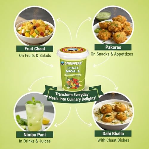 Image of Snowpeak Combo Pack Chaat Masala 50g x 2 + Tea Masala 50g x 2 |Chatpata Chaat Seasoning for Fruits, Snacks & Salads | Aromatic Masala Chai Blend 13 spices | 100% Natural, No Preservatives | Digestive & Refreshing, 200g Total