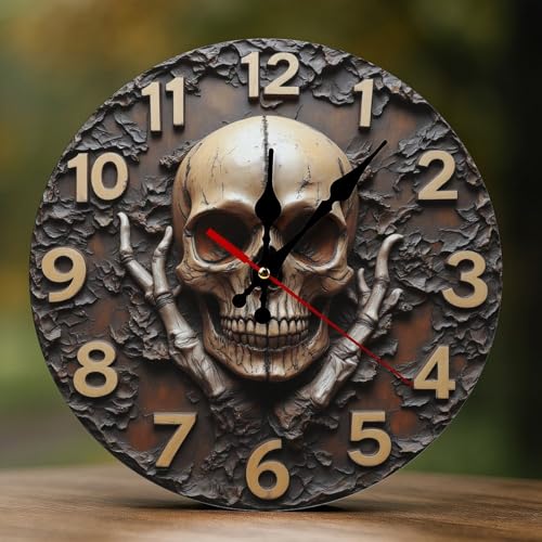 Buewutiry Relojes de pared decorativos que funcionan con pilas, 25,4 cm, moderno, de madera, gótico, patrón de esqueleto, impresión 2D, sin tictac, relojes de pared silenciosos para sala de estar