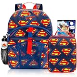 DC Comics Superman Backpack with Lunchbox Set for Boys - Bundle with 16” School Bag, Lunch Box, Water Bottle, Stickers, More | Superman Backpack for Kids