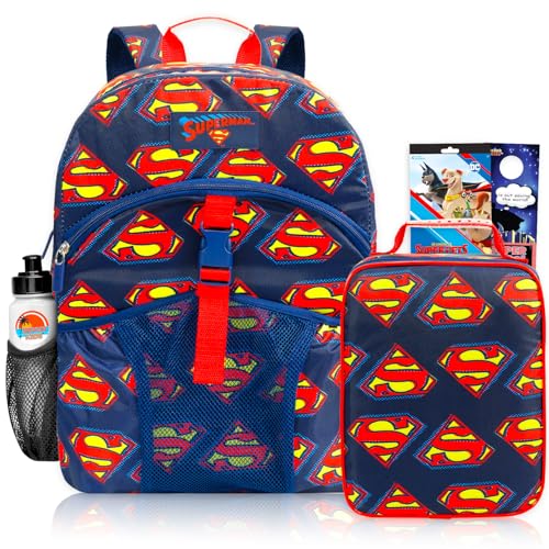DC Comics Superman Backpack with Lunchbox Set for Boys - Bundle with 16 School Bag Lunch Box Water Bottle Stickers More | Superman Backpack for Kids