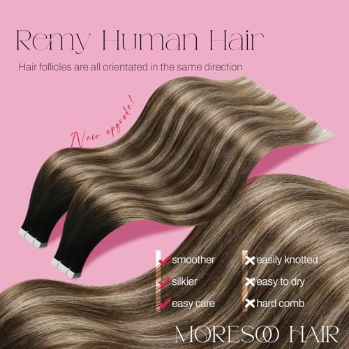 Image of Moresoo Brown Blonde Tape in Hair Extensions Human Hair 12in 20Pcs 30g | Human hair tape in extensions, off-black roots, dark brown mids, dark blonde ribbons, flat tabs, short bob and daily styling