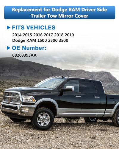 Image of TOP-MAX RAM Trailer Tow Mirror Cover Front Arm Driver Left Side Mirror Cap Replacement for Dodge RAM 2014-2019 1500 2500 3500, Replace 68263393AA