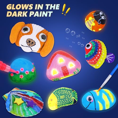 Sea Shell & Rock Painting Kit - 2 Pack 58 Pcs Glow in The Dark Paint Kits, Arts and Crafts for Kids 4-12, Kids Painting Set, DIY Arts & Crafts Toys for Boys Girls Birthday Party Activities Gifts - Image 5