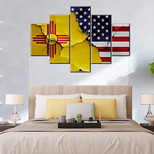 American Flag Art Usa New Mexico State Flags Wall Art Contemporary Decor Patriotic Pictures 5 Piece Canvas Artwork House Decorations Living Room Ready To Hang Posters And Prints(60''Wx40') #TOP3
