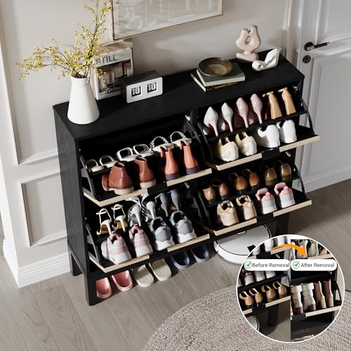 GAOMON Shoe Cabinet with 4 Flip Drawers, Entryway Cabinet with Adjustable Shelves, Accommodate 16 to 20 Pair of Shoes, Space-Saving Slim Shoe Cabinet for Entryway, Hallway, Front Door, Black Oak