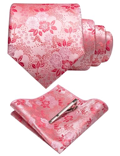 JEMYGINS Silk Pink Floral Tie Necktie and Pocket Square Hankerchief and Tie Bar Clip Sets for Men(36)