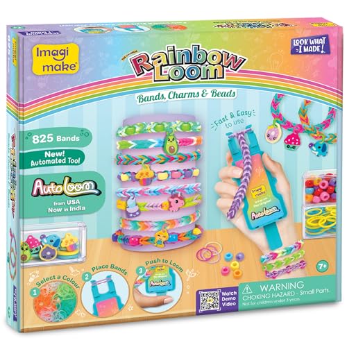 Image of Imagimake Rainbow Loom Bracelet Making Kit |825+ Bands, Charms & Beads with Auto Loom Tool | DIY Art & Craft Kit | Travel Toys | Creative Gift for Girls Age 7+