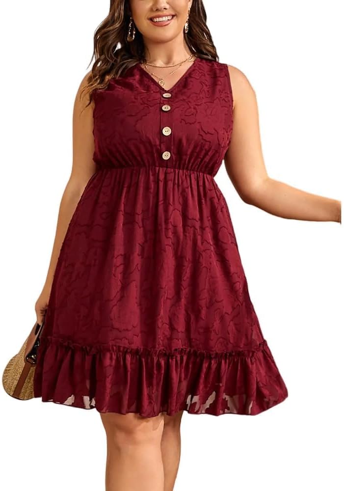 Plus Size Ruffle Tank Dress for Women, Flowy Sleeveless V Neck Summer Dress with Elastic Waist for Beach Vacation