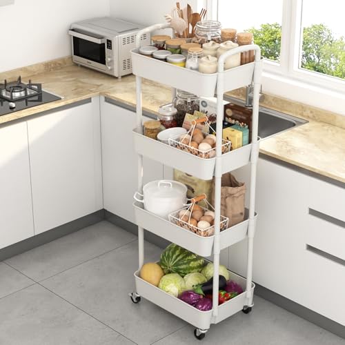 Image of Sywhitta 4-Tier Plastic Rolling Utility Cart with Handle, Multi-Functional Storage Trolley for Office, Living Room, Kitchen, Movable Storage Organizer with Wheels, White (Pack of 2)