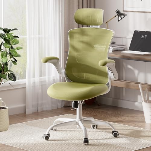 COLAMY Ergonomic Office Chair with Lumbar Support, Mesh Desk Chair with Adjustable Headrest, Computer Chair with Flip-up Armrest, Adjustable Seat Height and Tilt Function for Home Office Study, Green
