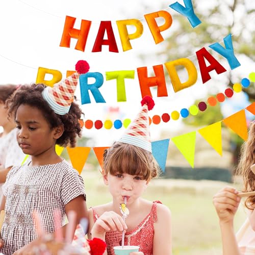 Image of CANREVEL Pre-Strung 3D Happy Birthday Banner, 3 PCS Blue Felt Garland, Pom Pom Garland, Triangle Fabric Bunting, Reusable Blue Birthday Decorations for Boys Men, Blue Orange